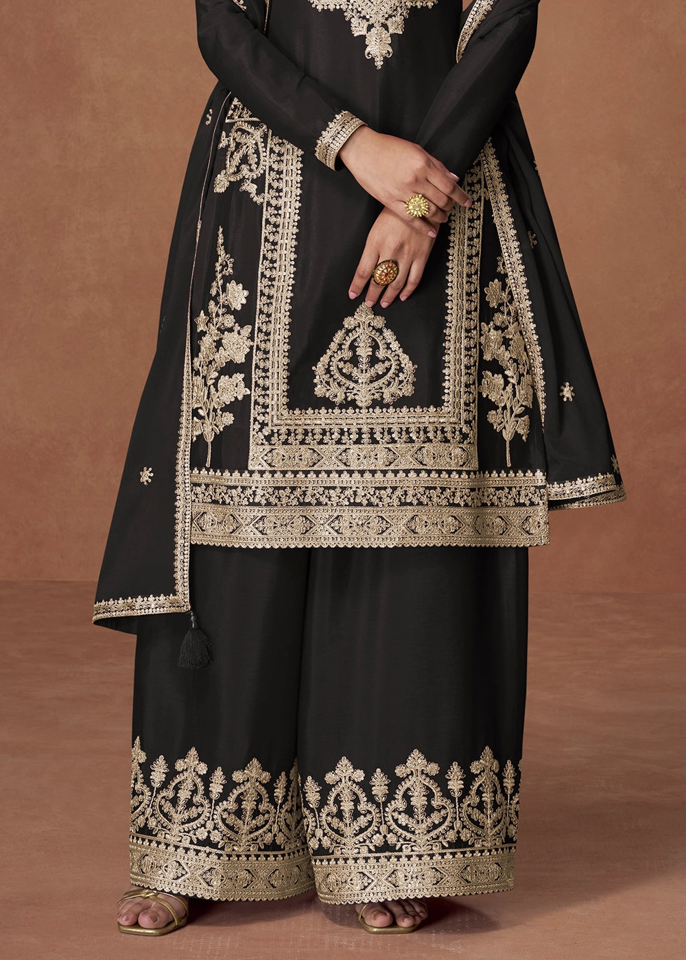 Raven Black Chinon Silk Palazzo Suit Featuring Beautiful Embroidery