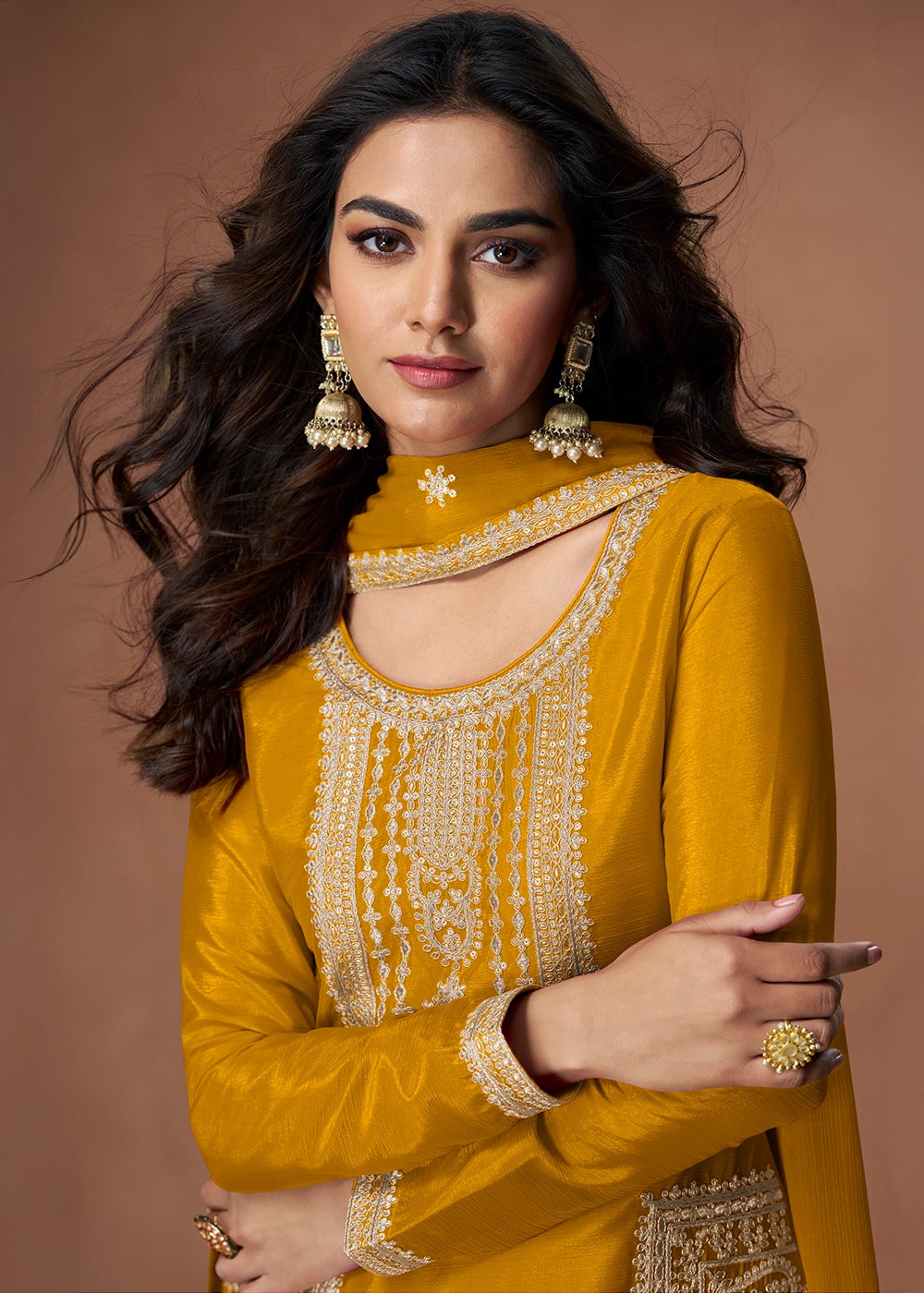Mustard Yellow Chinon Silk Palazzo Suit Featuring Beautiful Embroidery
