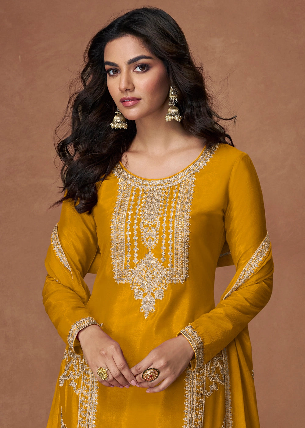 Mustard Yellow Chinon Silk Palazzo Suit Featuring Beautiful Embroidery