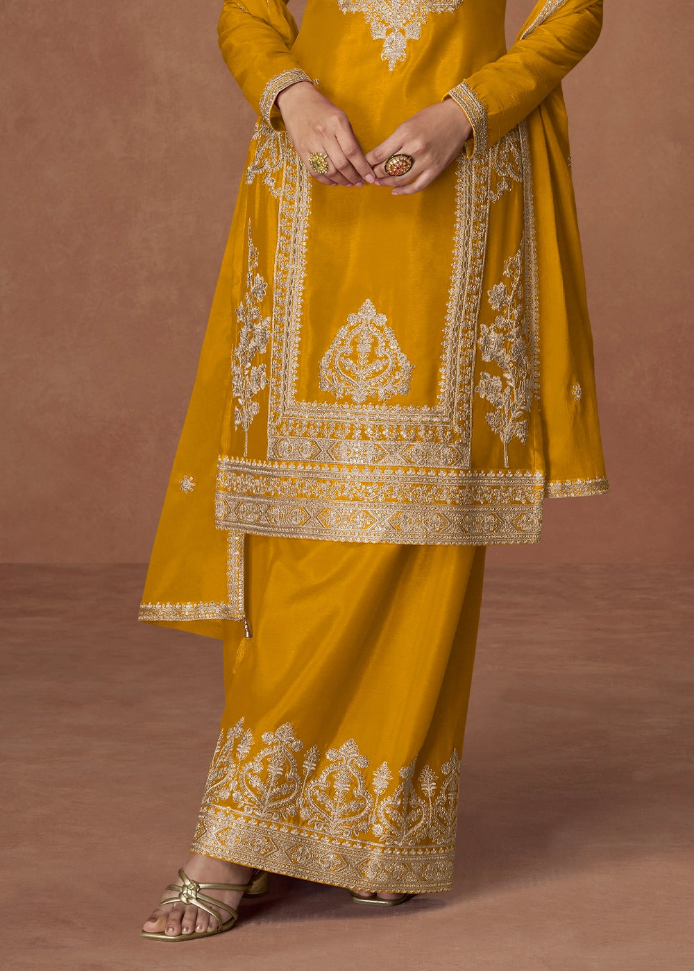 Mustard Yellow Chinon Silk Palazzo Suit Featuring Beautiful Embroidery