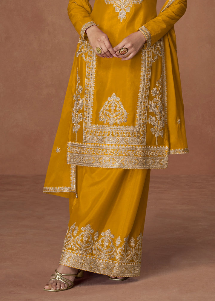 Mustard Yellow Chinon Silk Palazzo Suit Featuring Beautiful Embroidery