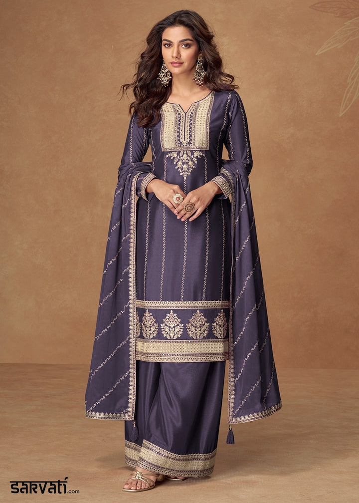 Matte Purple Palazzo Suit Set in Chinon Silk with Intricate Embroidery
