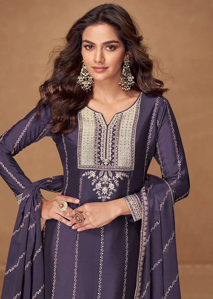 Matte Purple Palazzo Suit Set in Chinon Silk with Intricate Embroidery