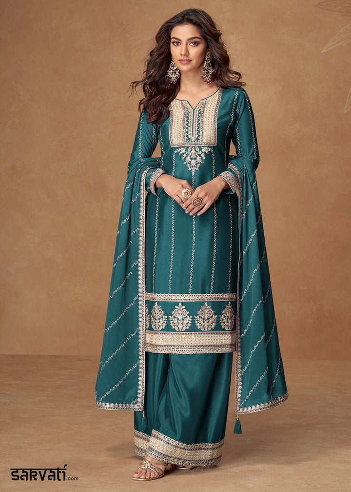 Sapphire Blue Palazzo Suit Set in Chinon Silk with Intricate Embroidery