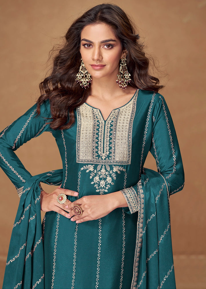 Sapphire Blue Palazzo Suit Set in Chinon Silk with Intricate Embroidery