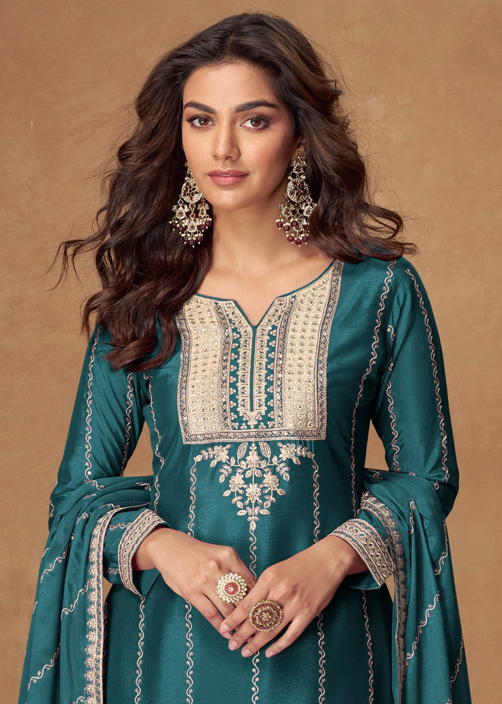 Sapphire Blue Palazzo Suit Set in Chinon Silk with Intricate Embroidery