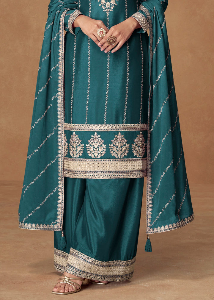 Sapphire Blue Palazzo Suit Set in Chinon Silk with Intricate Embroidery