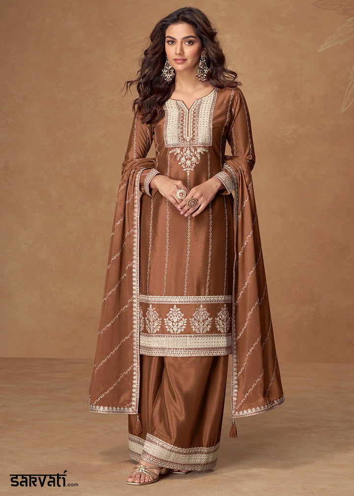 Russet Brown Palazzo Suit Set in Chinon Silk with Intricate Embroidery