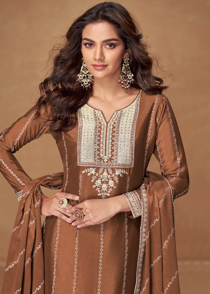 Russet Brown Palazzo Suit Set in Chinon Silk with Intricate Embroidery