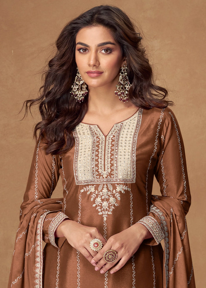 Russet Brown Palazzo Suit Set in Chinon Silk with Intricate Embroidery