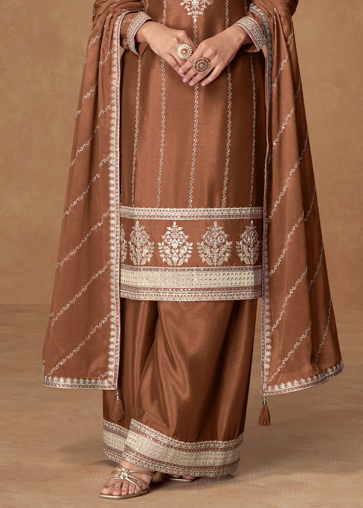 Russet Brown Palazzo Suit Set in Chinon Silk with Intricate Embroidery