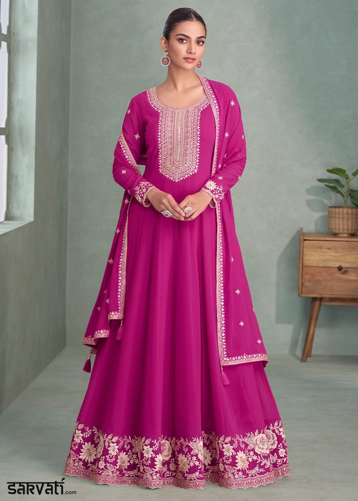 Magenta Pink Full Embroidered Anarkali Gown in Georgette Fabric