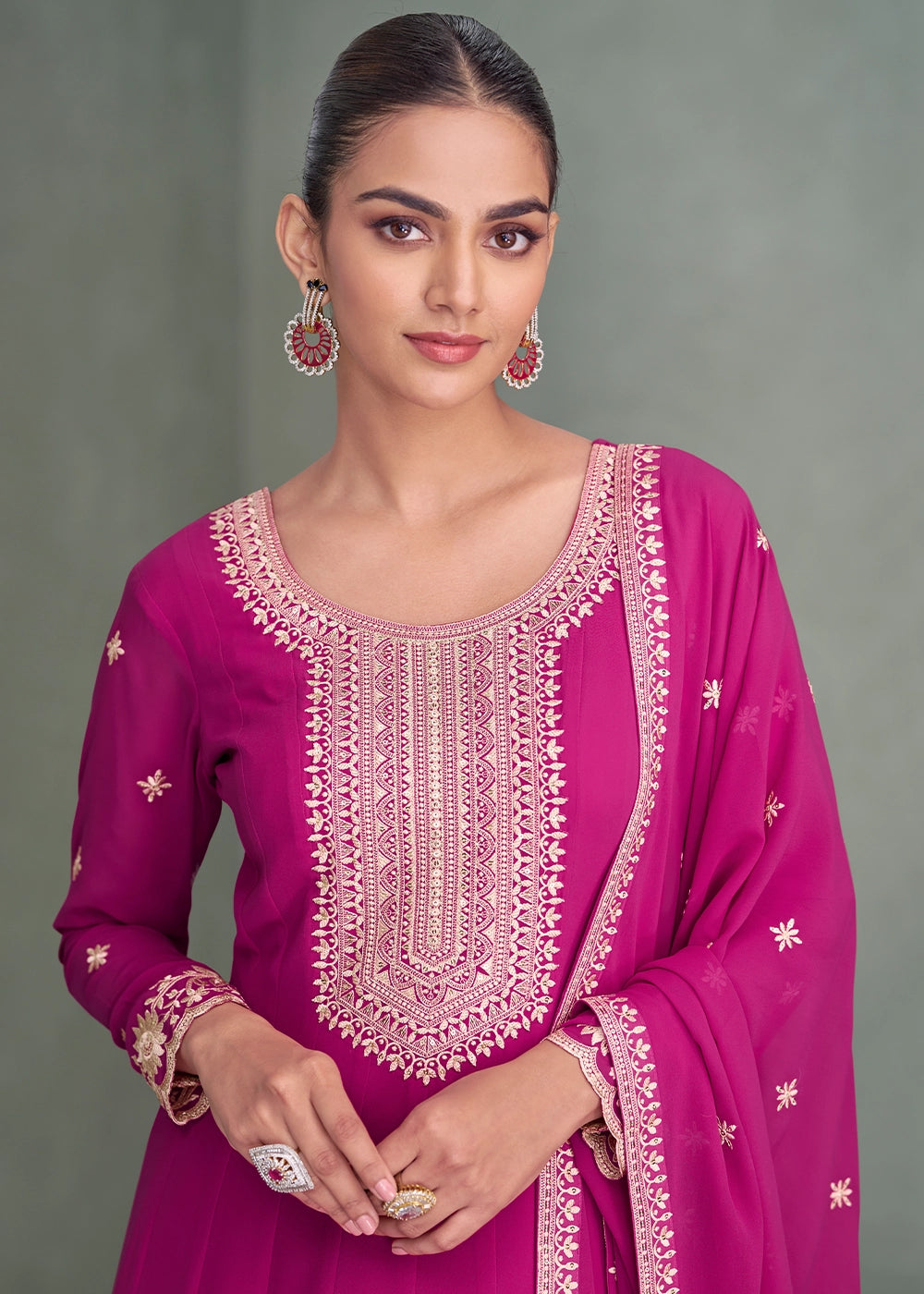 Magenta Pink Full Embroidered Anarkali Gown in Georgette Fabric