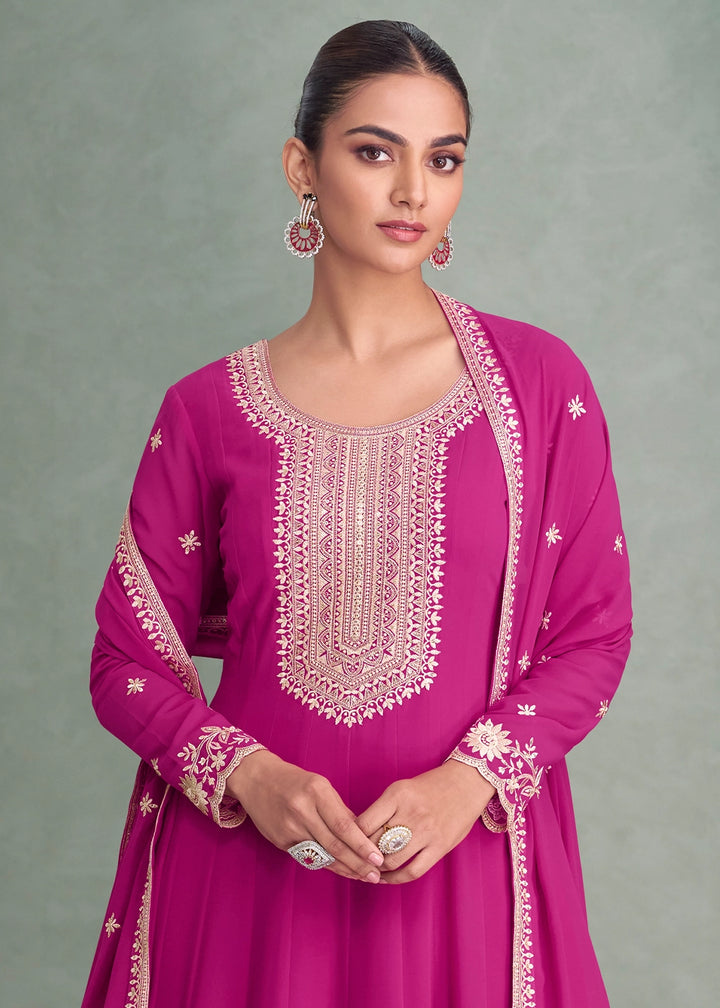 Magenta Pink Full Embroidered Anarkali Gown in Georgette Fabric