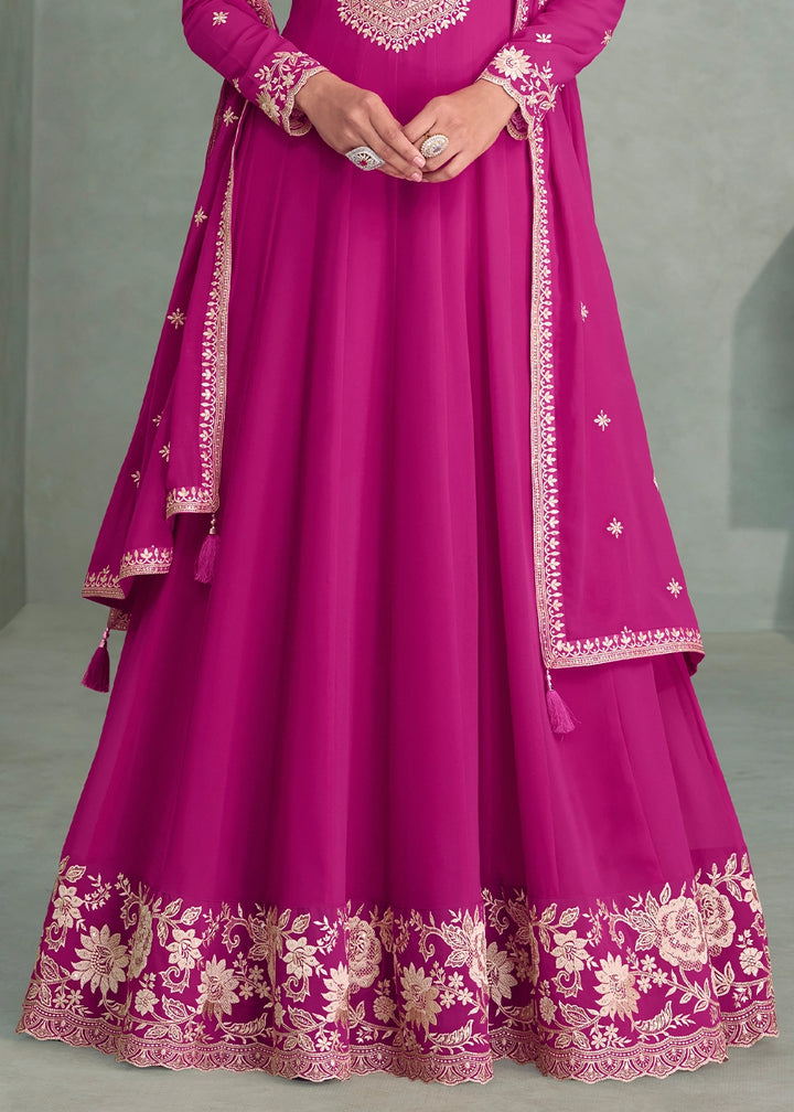 Magenta Pink Full Embroidered Anarkali Gown in Georgette Fabric