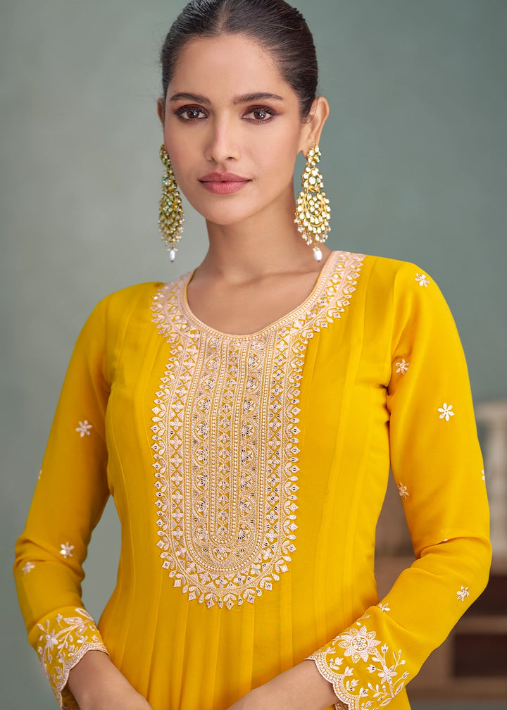 Aureolin Yellow Full Embroidered Anarkali Gown in Georgette Fabric