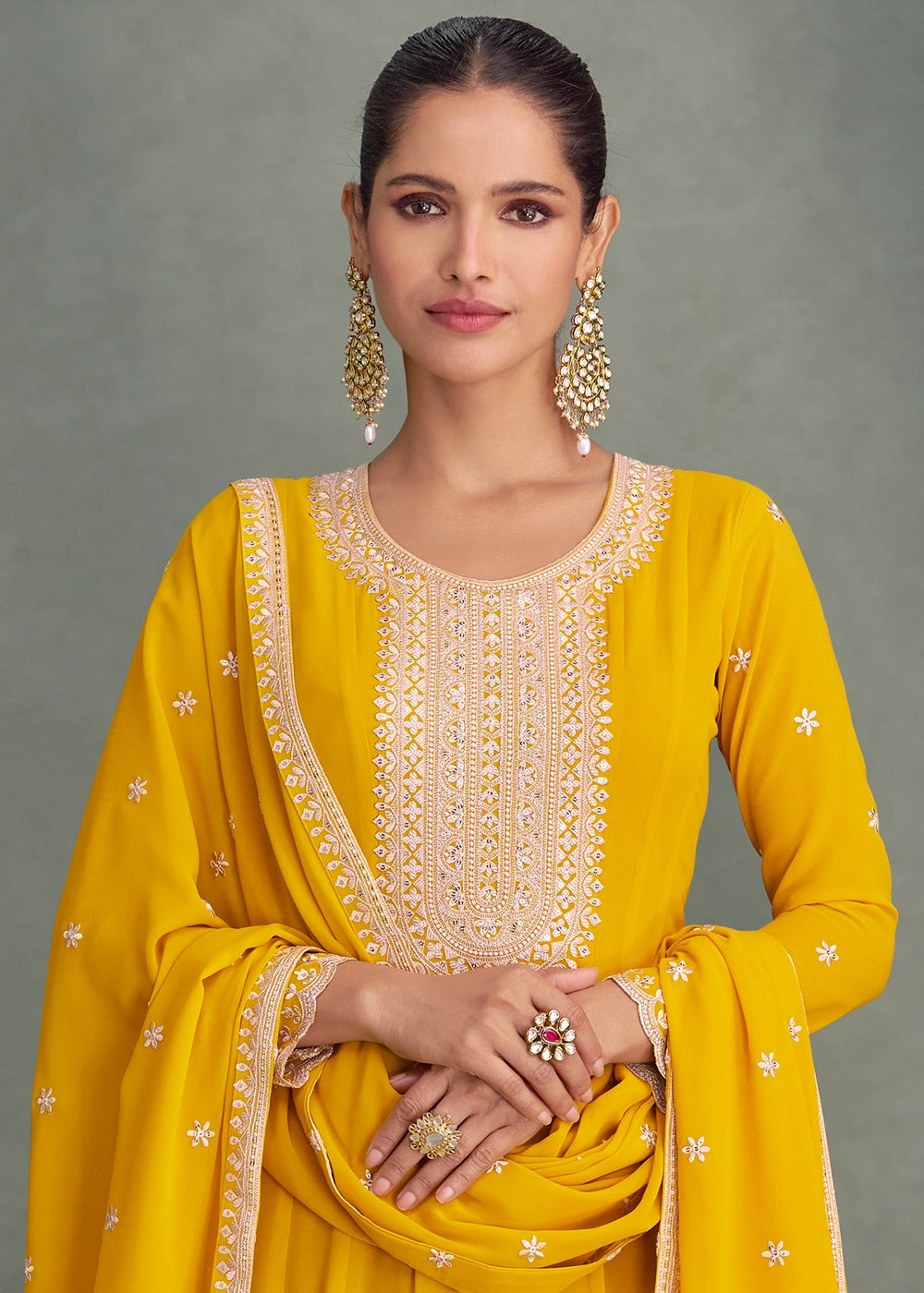 Aureolin Yellow Full Embroidered Anarkali Gown in Georgette Fabric