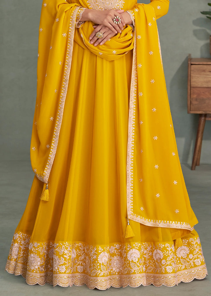 Aureolin Yellow Full Embroidered Anarkali Gown in Georgette Fabric