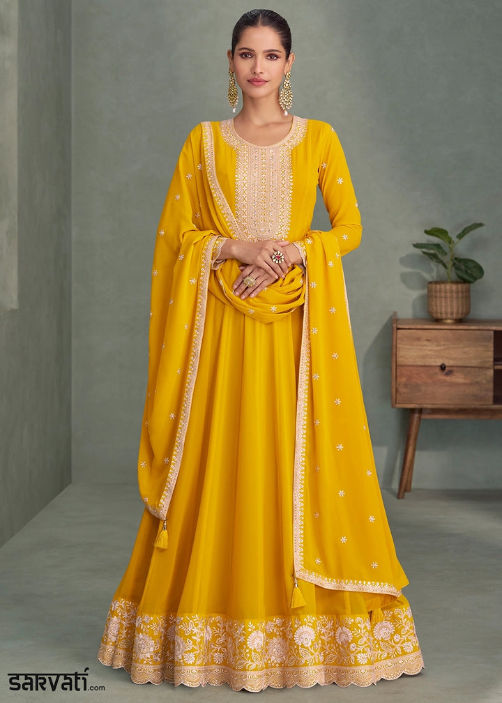 Aureolin Yellow Full Embroidered Anarkali Gown in Georgette Fabric