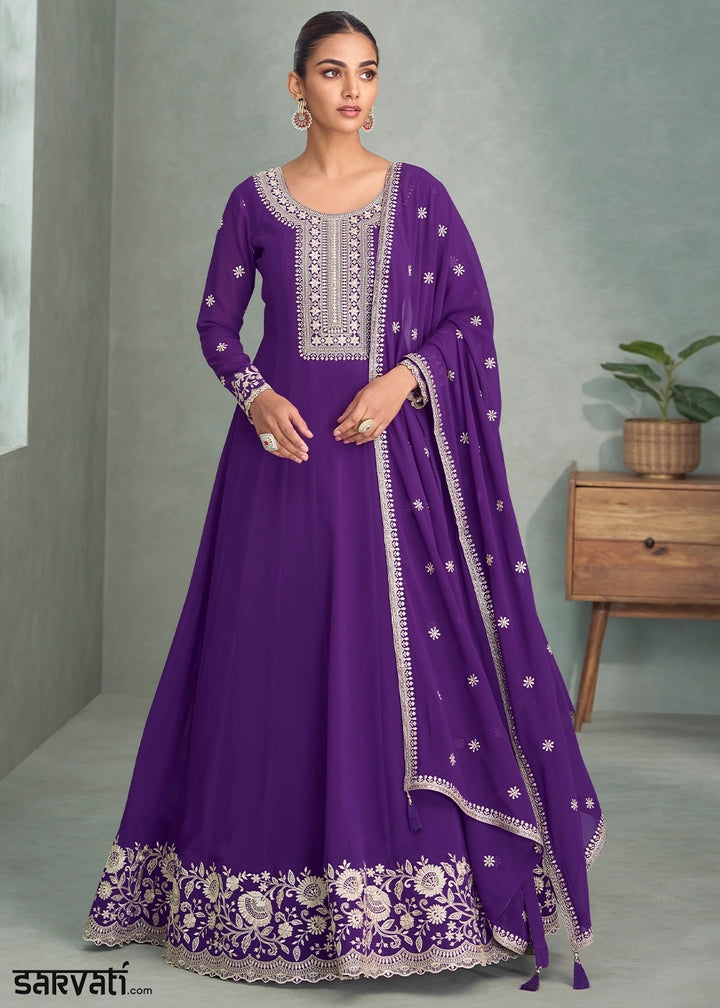Indigo Purple Full Embroidered Anarkali Gown in Georgette Fabric