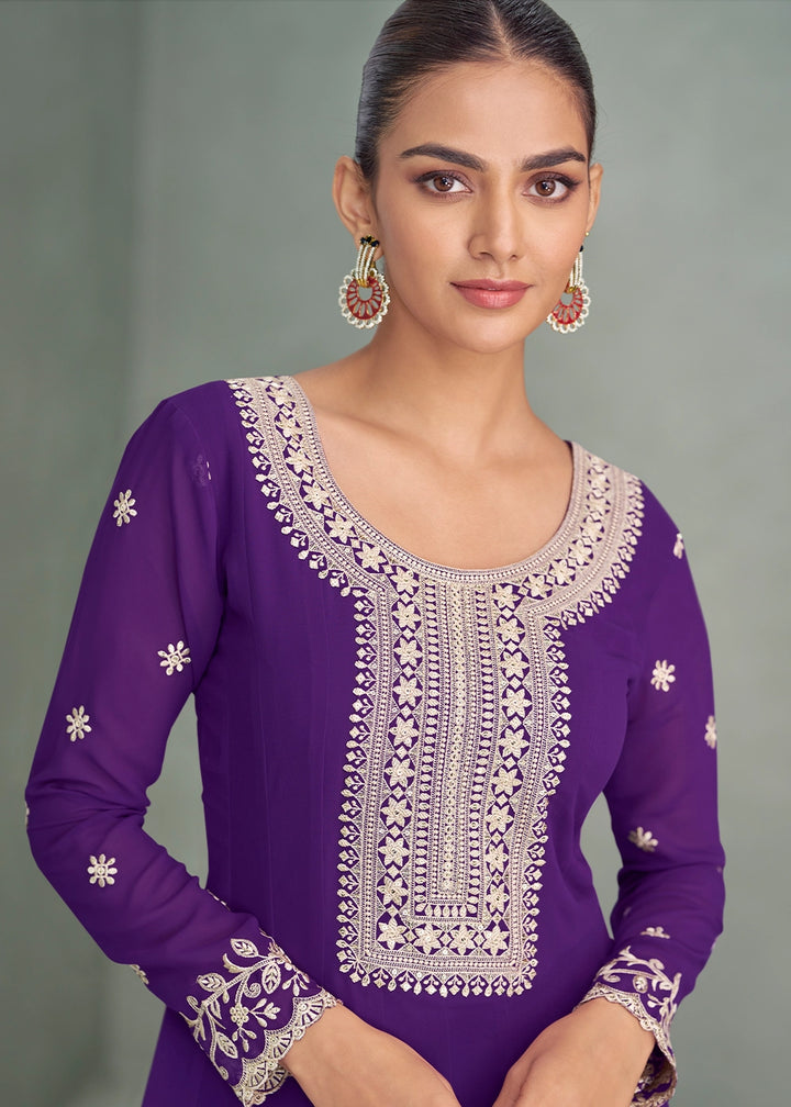 Indigo Purple Full Embroidered Anarkali Gown in Georgette Fabric