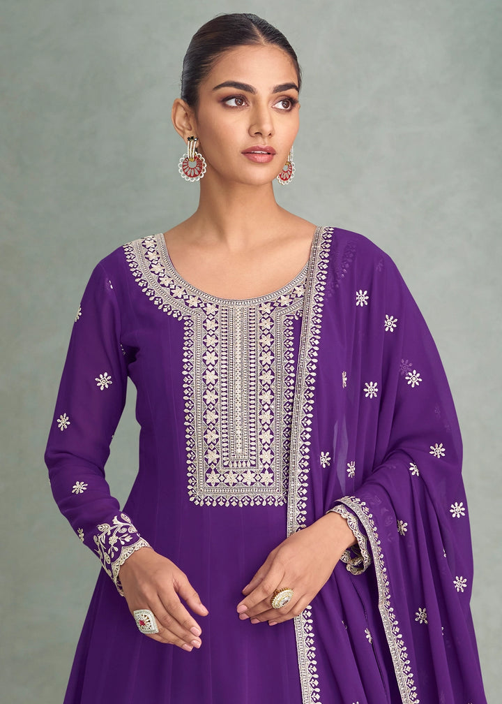 Indigo Purple Full Embroidered Anarkali Gown in Georgette Fabric