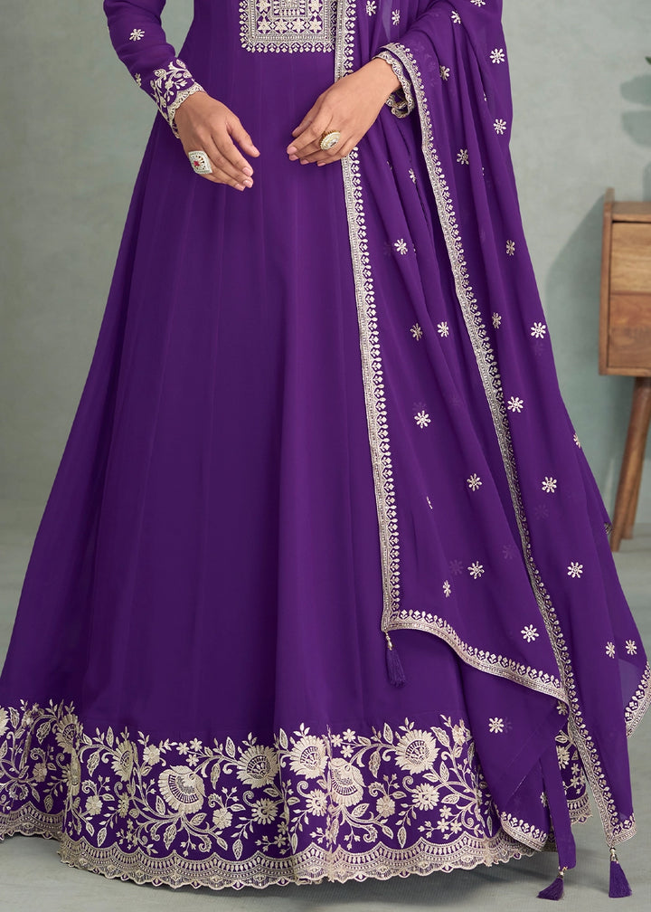 Indigo Purple Full Embroidered Anarkali Gown in Georgette Fabric