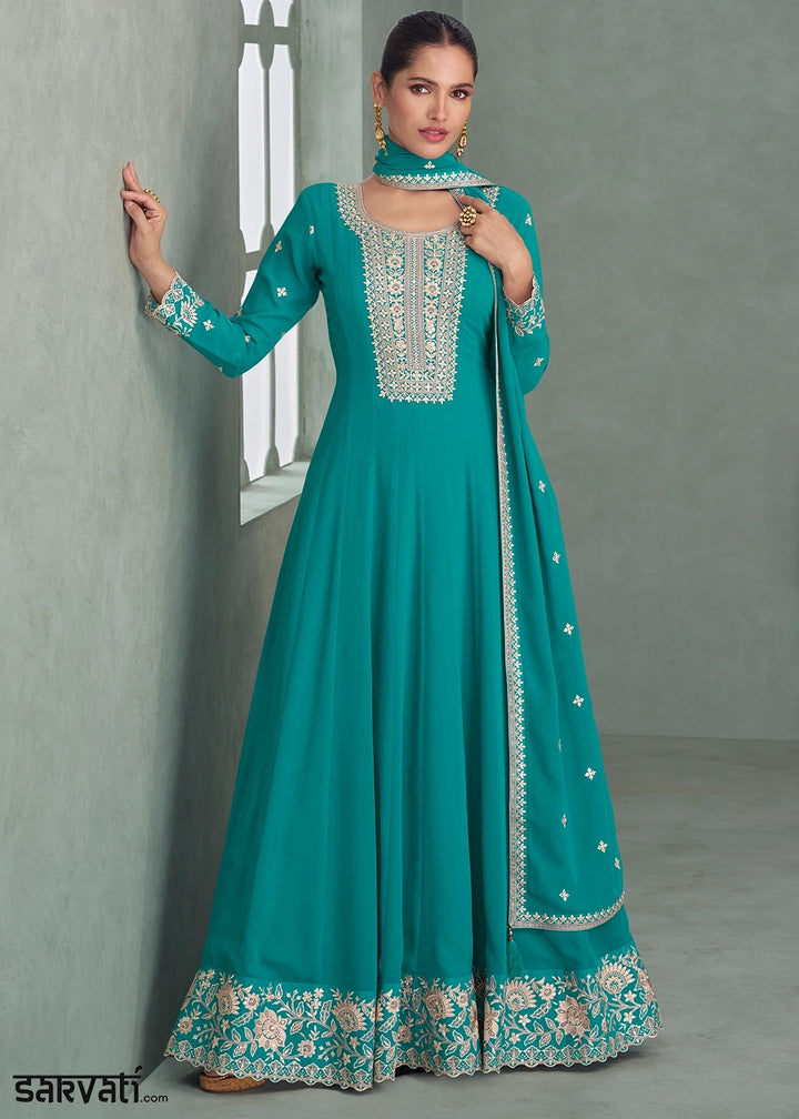 Cerulean Blue Full Embroidered Anarkali Gown in Georgette Fabric