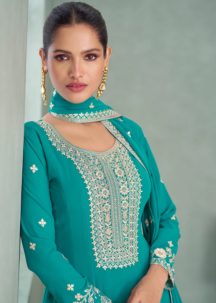 Cerulean Blue Full Embroidered Anarkali Gown in Georgette Fabric
