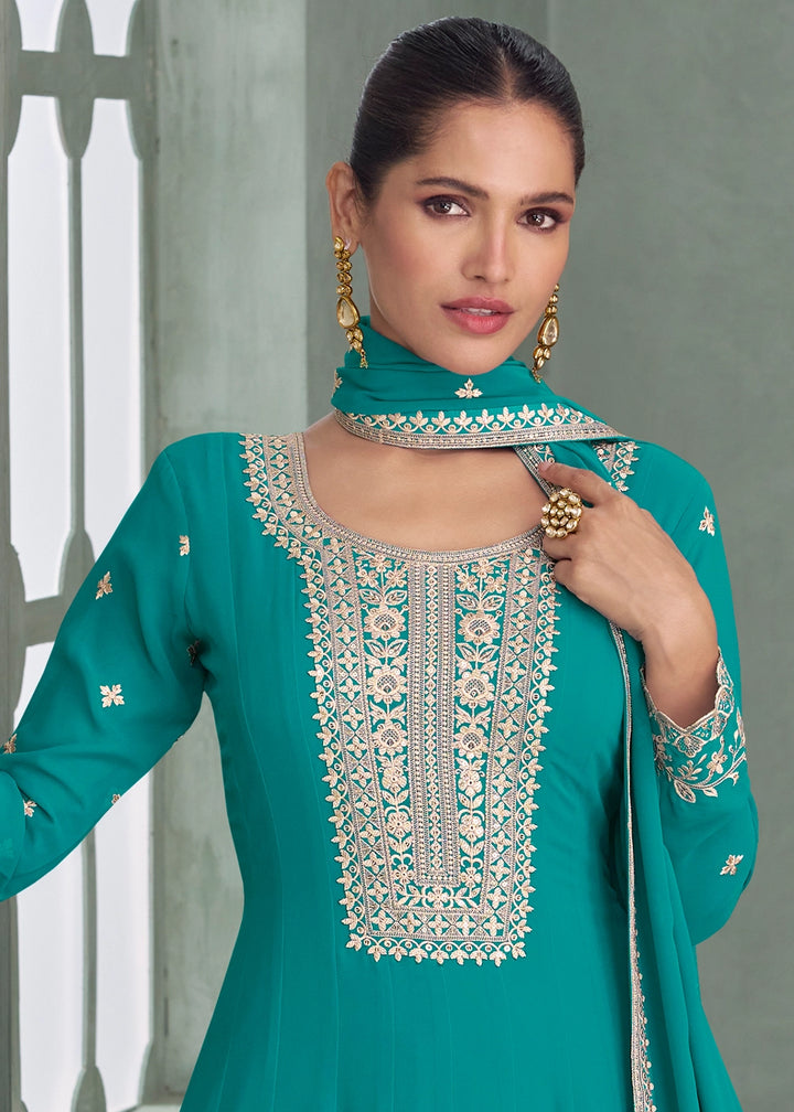Cerulean Blue Full Embroidered Anarkali Gown in Georgette Fabric