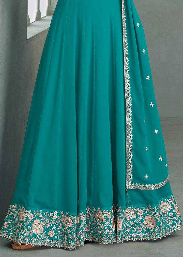 Cerulean Blue Full Embroidered Anarkali Gown in Georgette Fabric