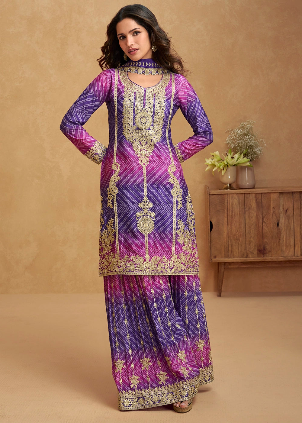 Premium Shades of Purple Chinon Silk Palazzo Outfit with Embroidery