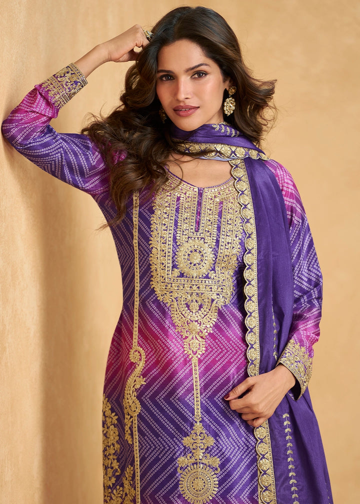 Premium Shades of Purple Chinon Silk Palazzo Outfit with Embroidery