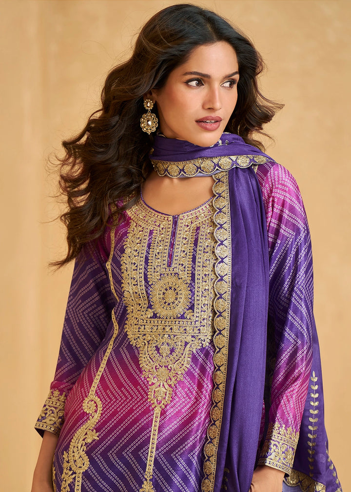 Premium Shades of Purple Chinon Silk Palazzo Outfit with Embroidery