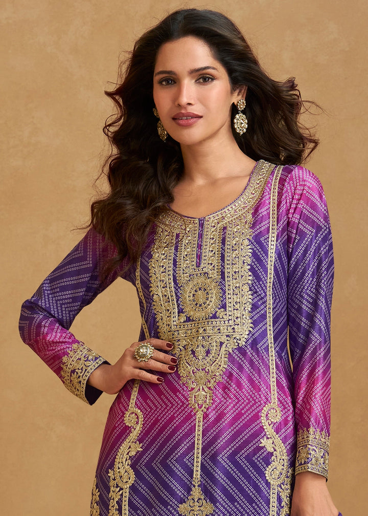 Premium Shades of Purple Chinon Silk Palazzo Outfit with Embroidery