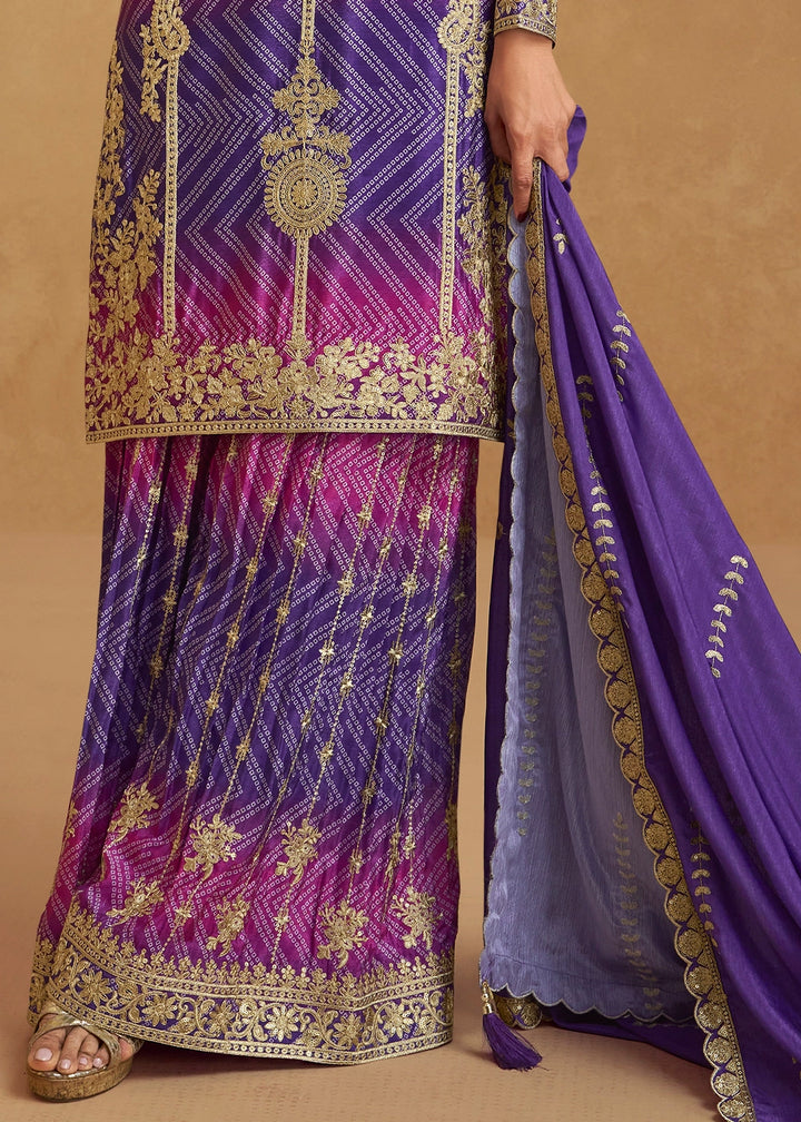 Premium Shades of Purple Chinon Silk Palazzo Outfit with Embroidery