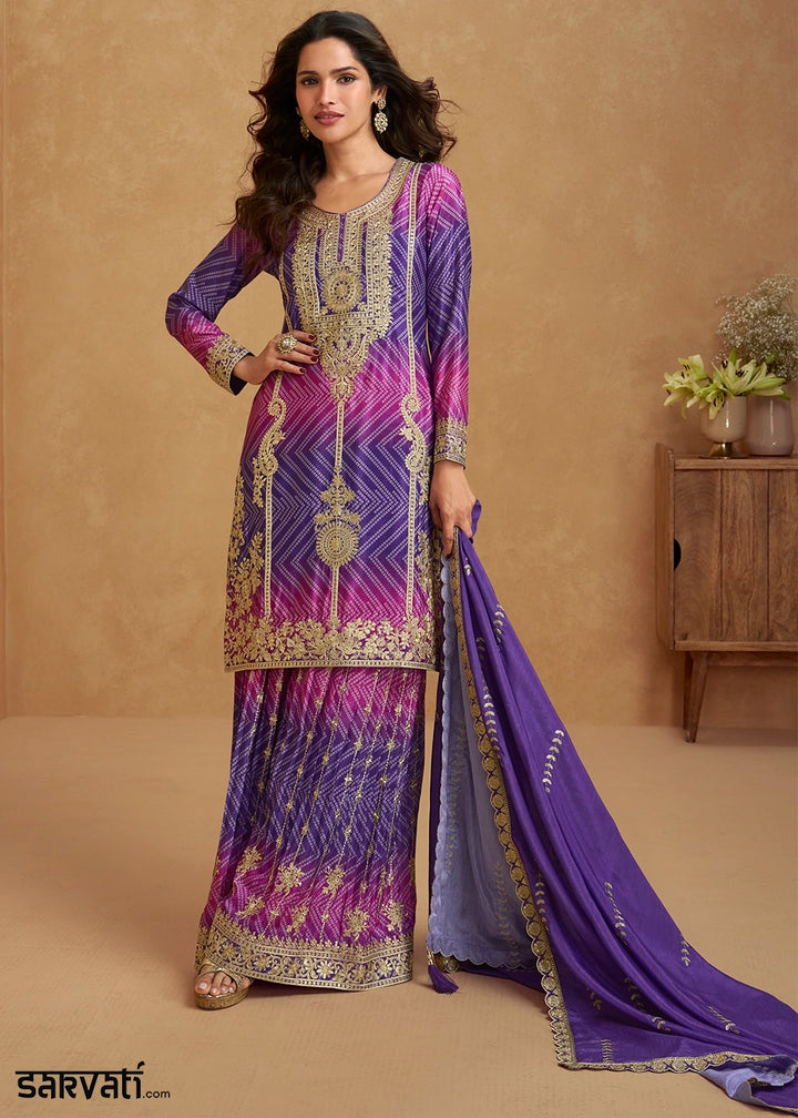 Premium Shades of Purple Chinon Silk Palazzo Outfit with Embroidery