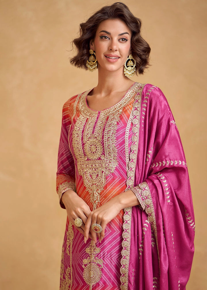 Pink & Orange Chinon Silk Palazzo Outfit with Embroidery