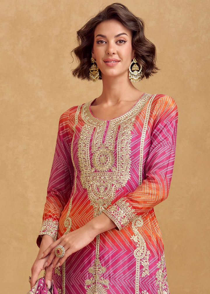 Pink & Orange Chinon Silk Palazzo Outfit with Embroidery