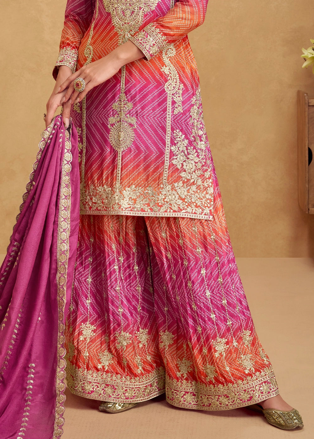 Pink & Orange Chinon Silk Palazzo Outfit with Embroidery