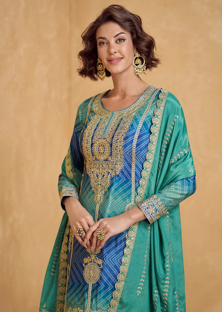 Premium Shades of Blue Chinon Silk Palazzo Outfit with Embroidery