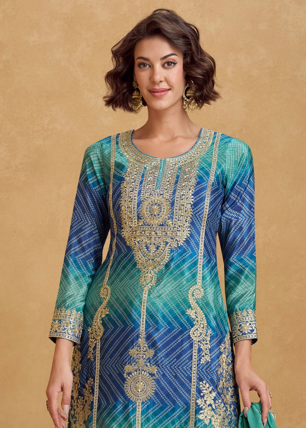 Premium Shades of Blue Chinon Silk Palazzo Outfit with Embroidery