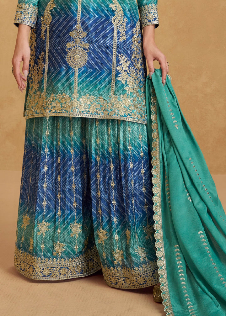 Premium Shades of Blue Chinon Silk Palazzo Outfit with Embroidery