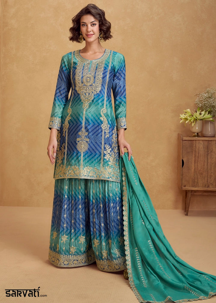 Premium Shades of Blue Chinon Silk Palazzo Outfit with Embroidery