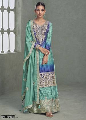 Shades of Blue Embroidered Chinon Silk Palazzo Set