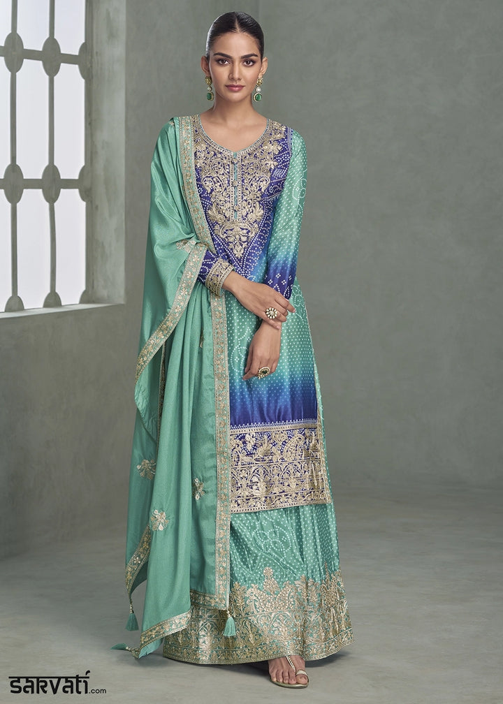 Shades of Blue Embroidered Chinon Silk Palazzo Set