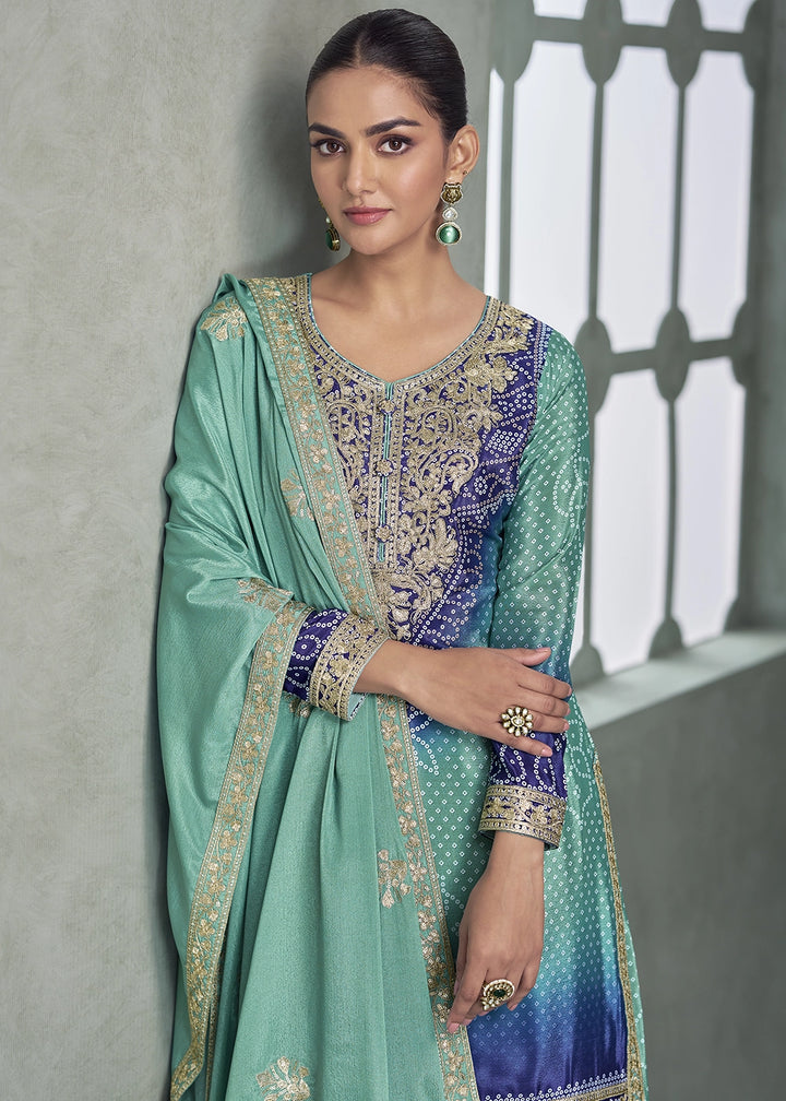 Shades of Blue Embroidered Chinon Silk Palazzo Set