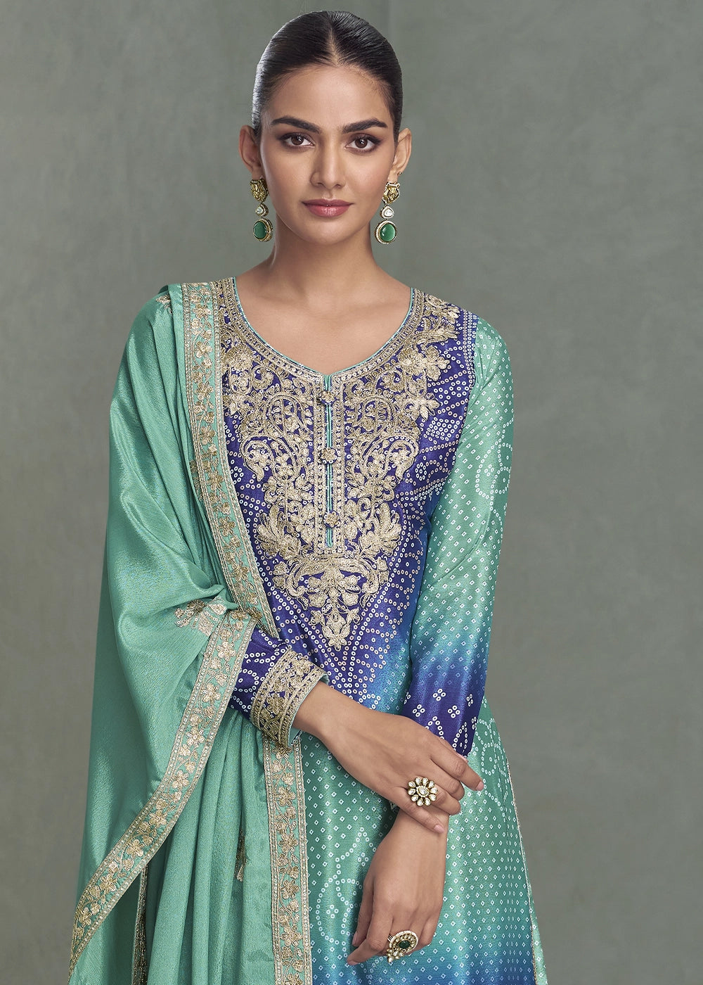 Shades of Blue Embroidered Chinon Silk Palazzo Set