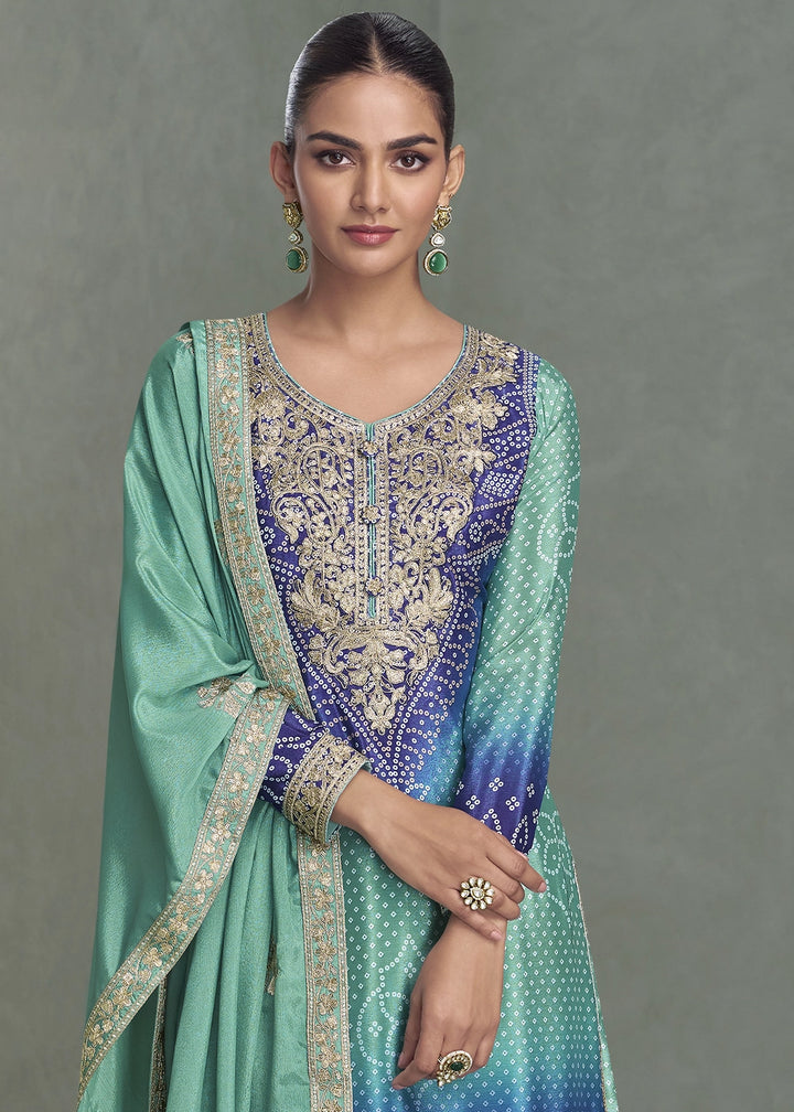Shades of Blue Embroidered Chinon Silk Palazzo Set