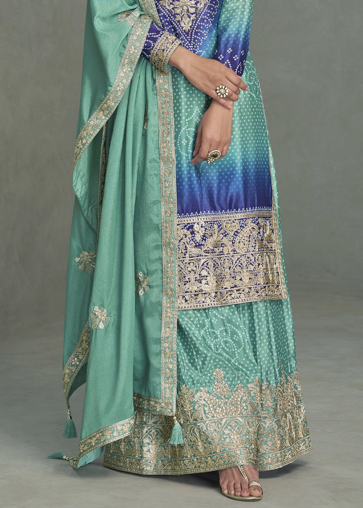Shades of Blue Embroidered Chinon Silk Palazzo Set